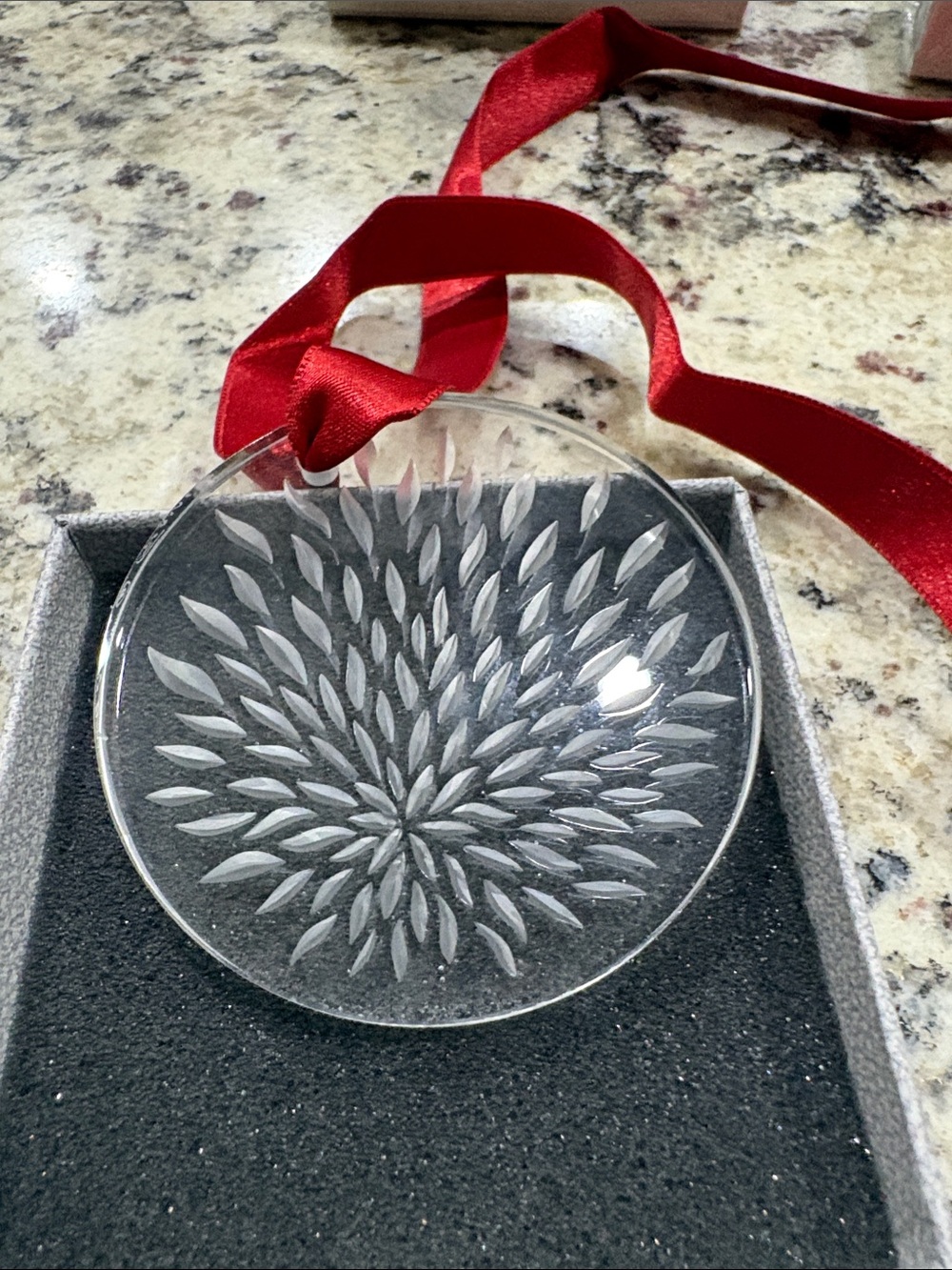 Lalique 2006 Vibration Clear Etched Crystal Christmas Ornament with Red Ribbon